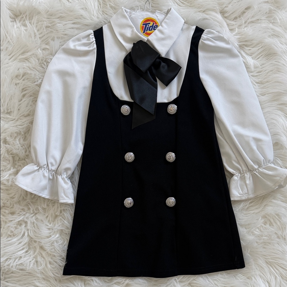Toddler- Black & White Bow-Accent Sleeved Mini Dress